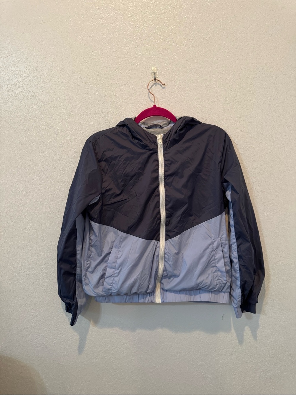 Pink Rose Lightweight Hooded Windbreaker Jacket in Navy and Light Gray